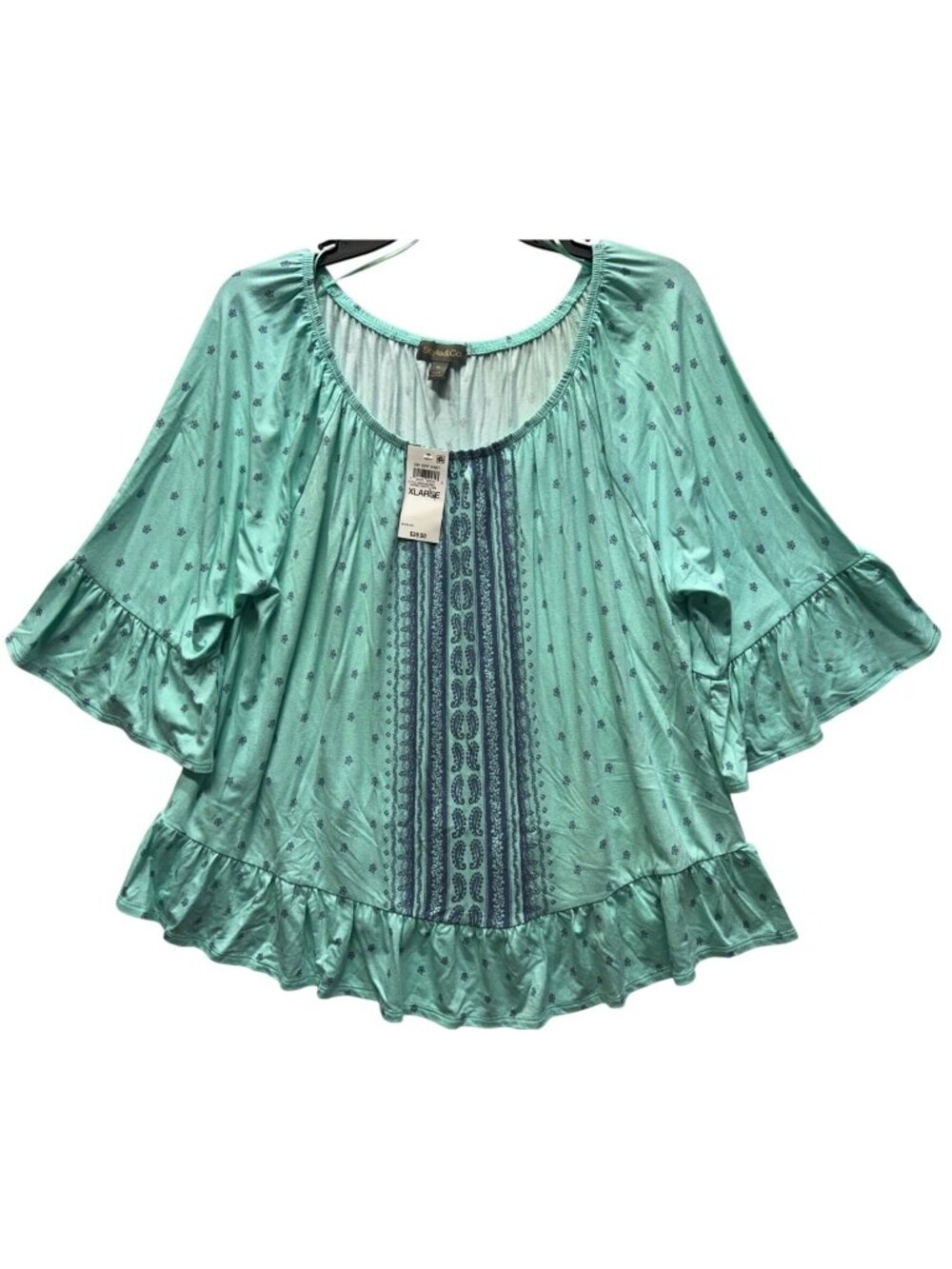 Style & Co Womens XL Mint Blue Boho Ruffle Sleeve Top With Floral Print